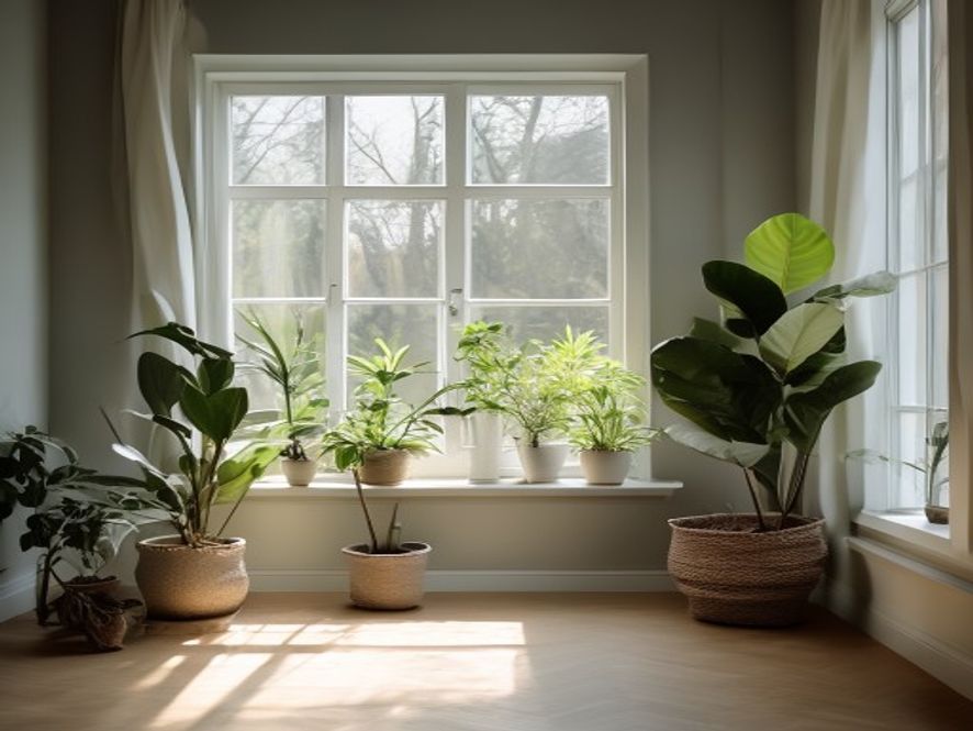 Lyse stuer med plantekrukker og struktur